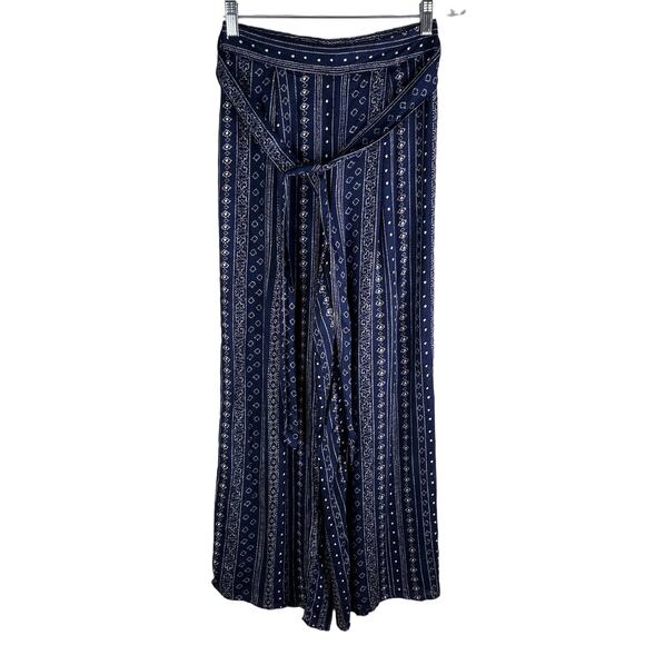 Sadie & Sage Pants Wide Leg Pants Navy Cream Small Lined Belted Boho New - Picture 10 of 13